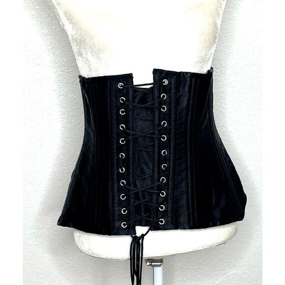 Camellias Corset Plus size 2XL Black Satin Hook Lace Up - Picture 2 of 5